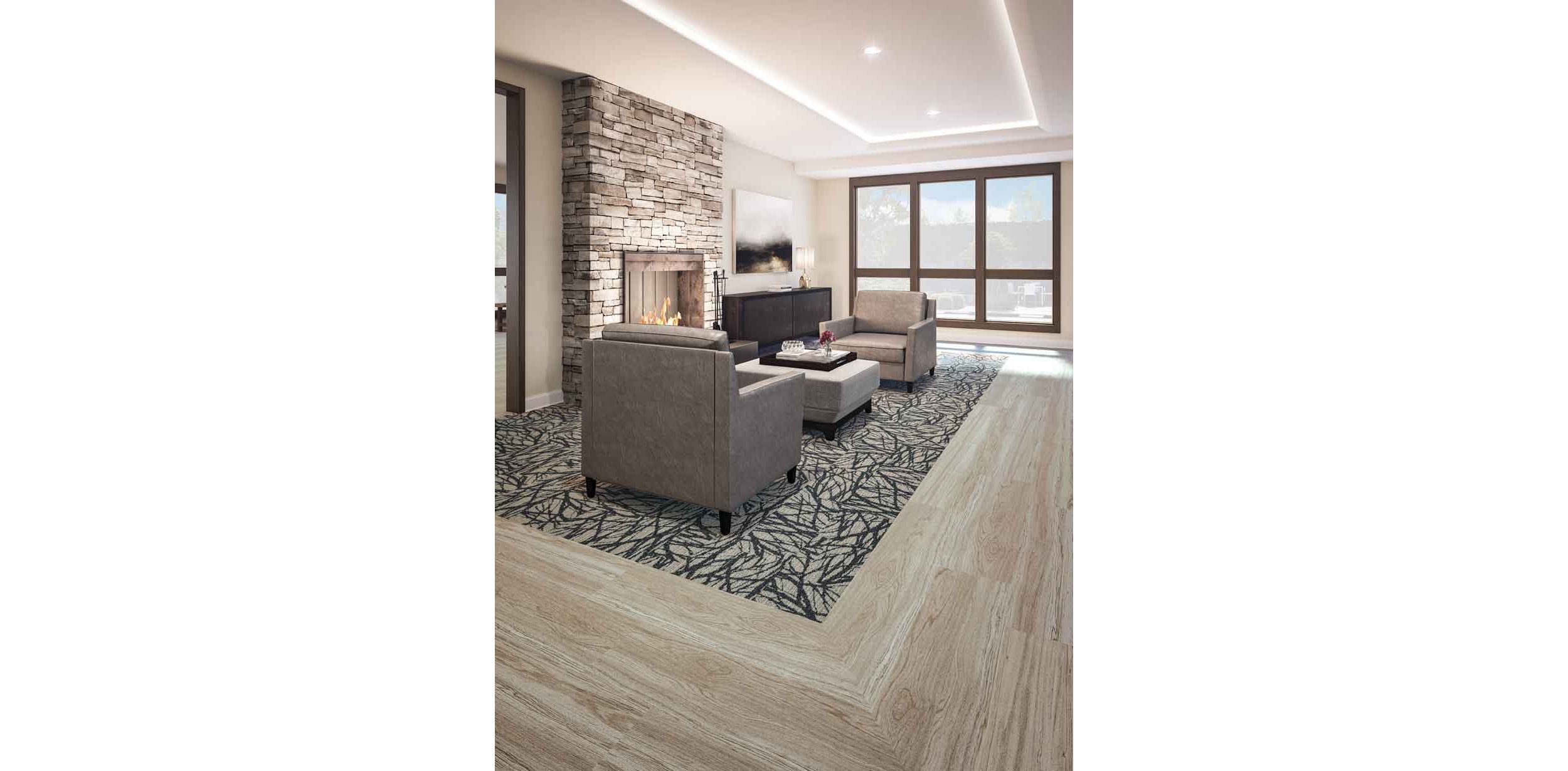 Interface GN161 plank carpet tile and Natural Woodgrains LVT in lounge area by fireplace imagen número 3