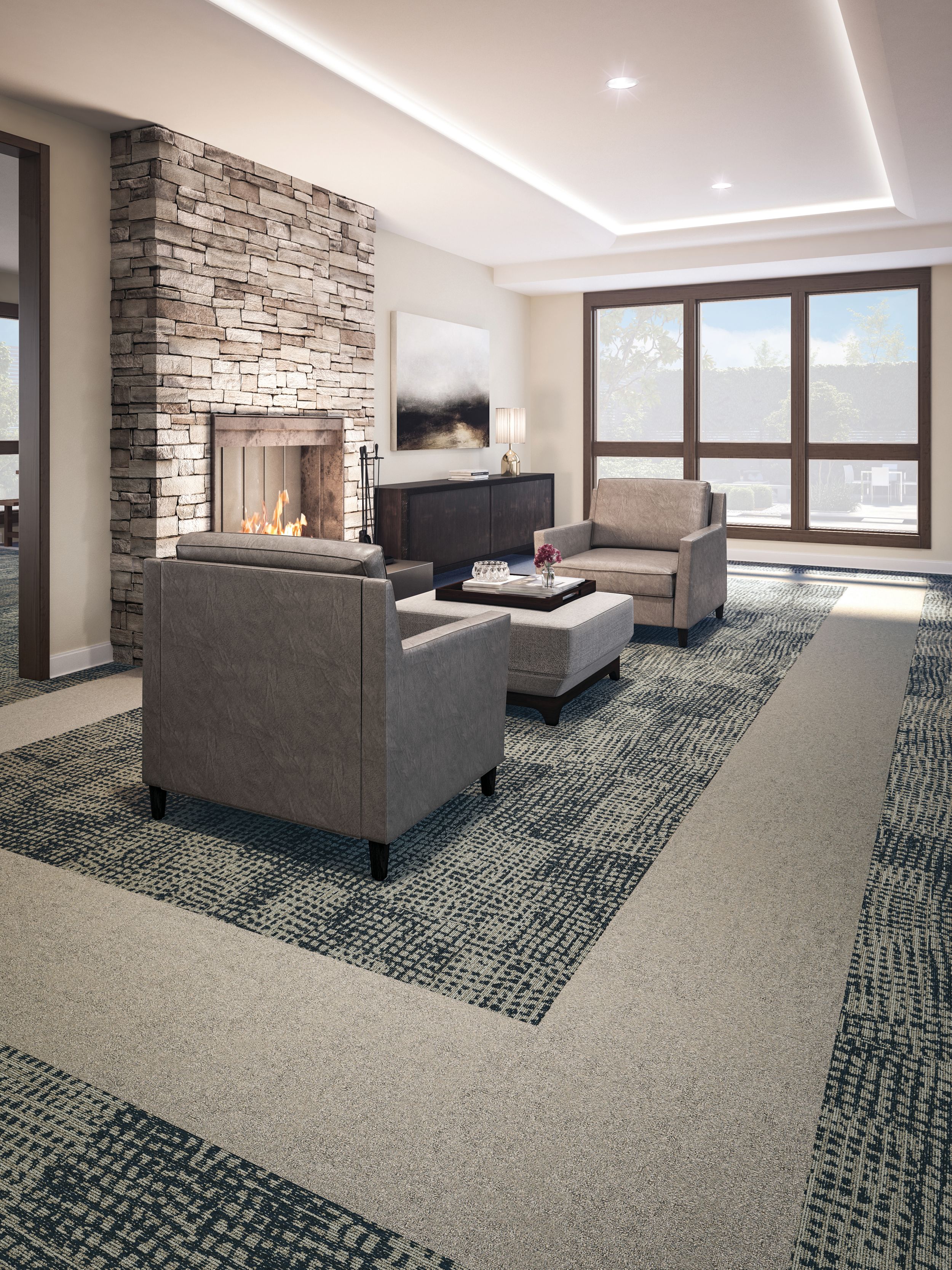 Interface GN160 and Shaded Pigment plank carpet tile in seating area with fireplace imagen número 3