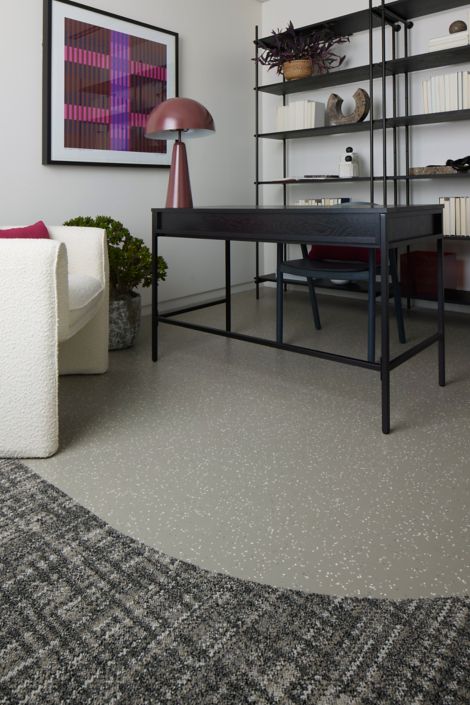 Interface Knitstitch carpet tile with nora by Interface noraplan convia rubber flooring in workspace focus room image number 3