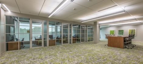 Interface Painted Gesture plank carpet tile in open meeting area with private offices in background