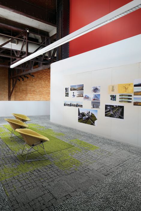 Interface Kerbstone, Moss in Stone, and Moss carpet tile with HN830 and HN840 plank carpet tile in seating area with three chairs facing wall with pictures image number 2