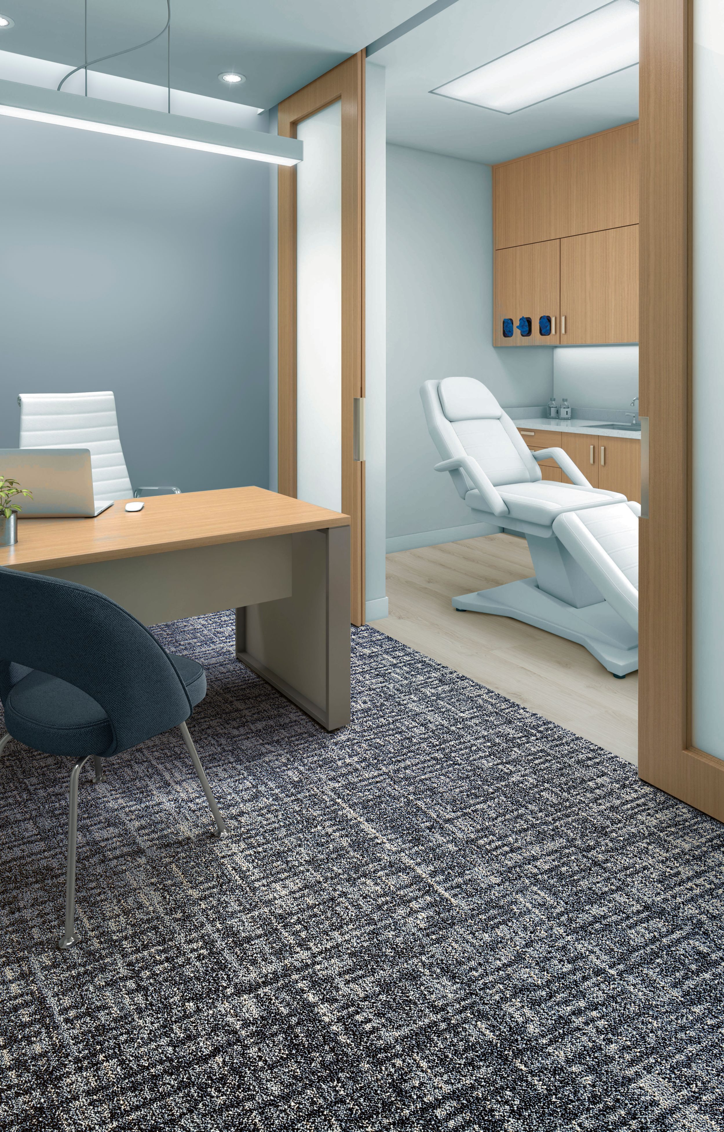 Interface Knitstitch carpet tile with Natural Woodgrains LVT in healthcare image number 3