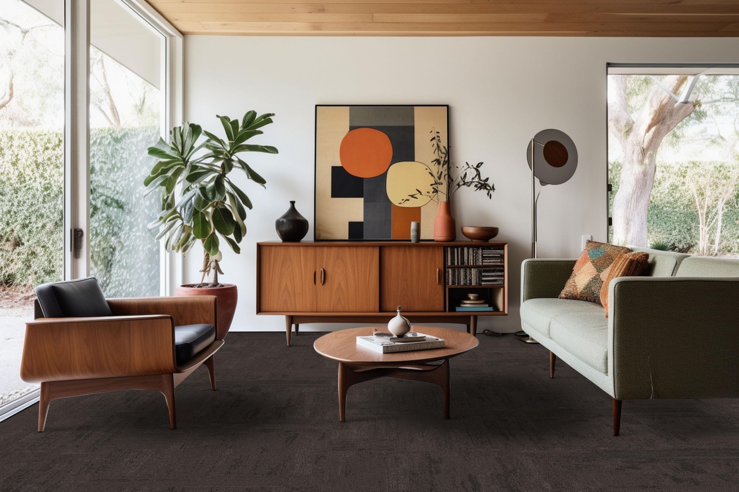 Interface LC01 Carpet Tile in hotel guest suite with glass doors and mic-century modern furniture image number 5
