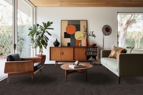 Interface LC01 Carpet Tile in hotel guest suite with glass doors and mic-century modern furniture image number 5