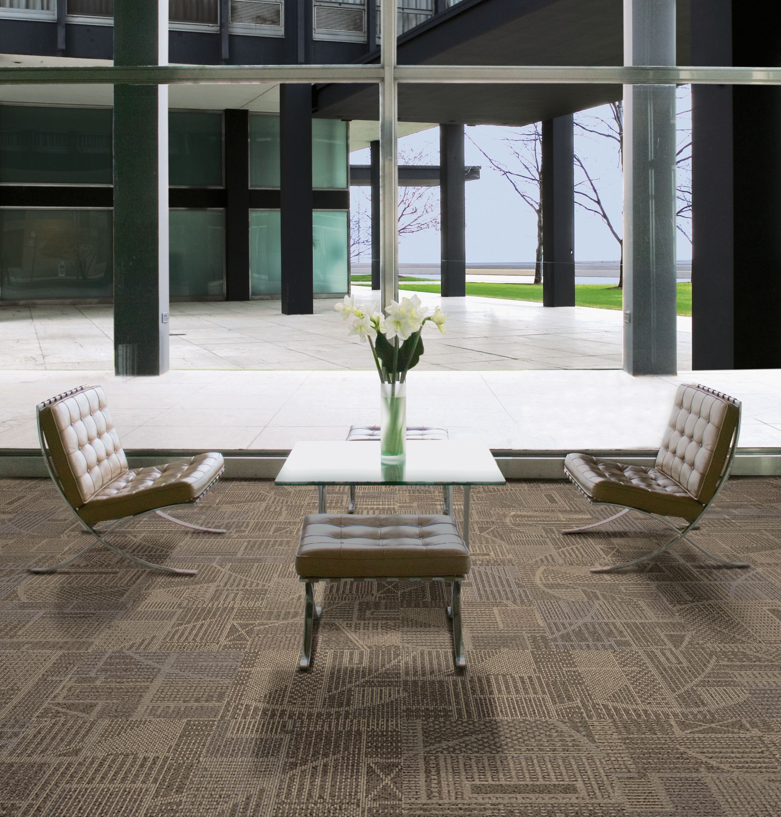 Interface Layout carpet tile in foyer lounge area with brown cushion chairs image number 2