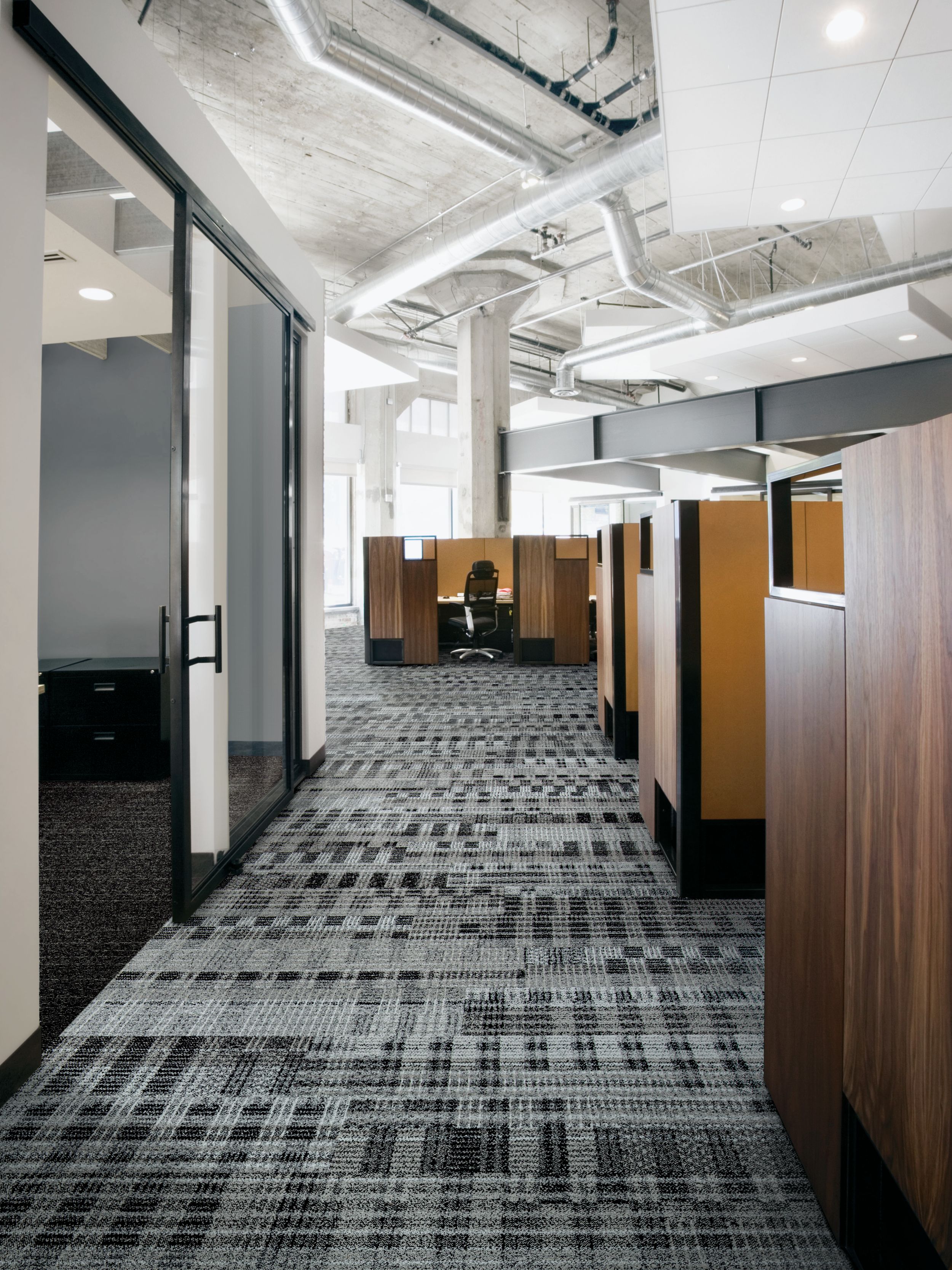 Interface Loom of Life and Tangled & Taut plank carpet tile in walkway with wooden cubicles imagen número 7