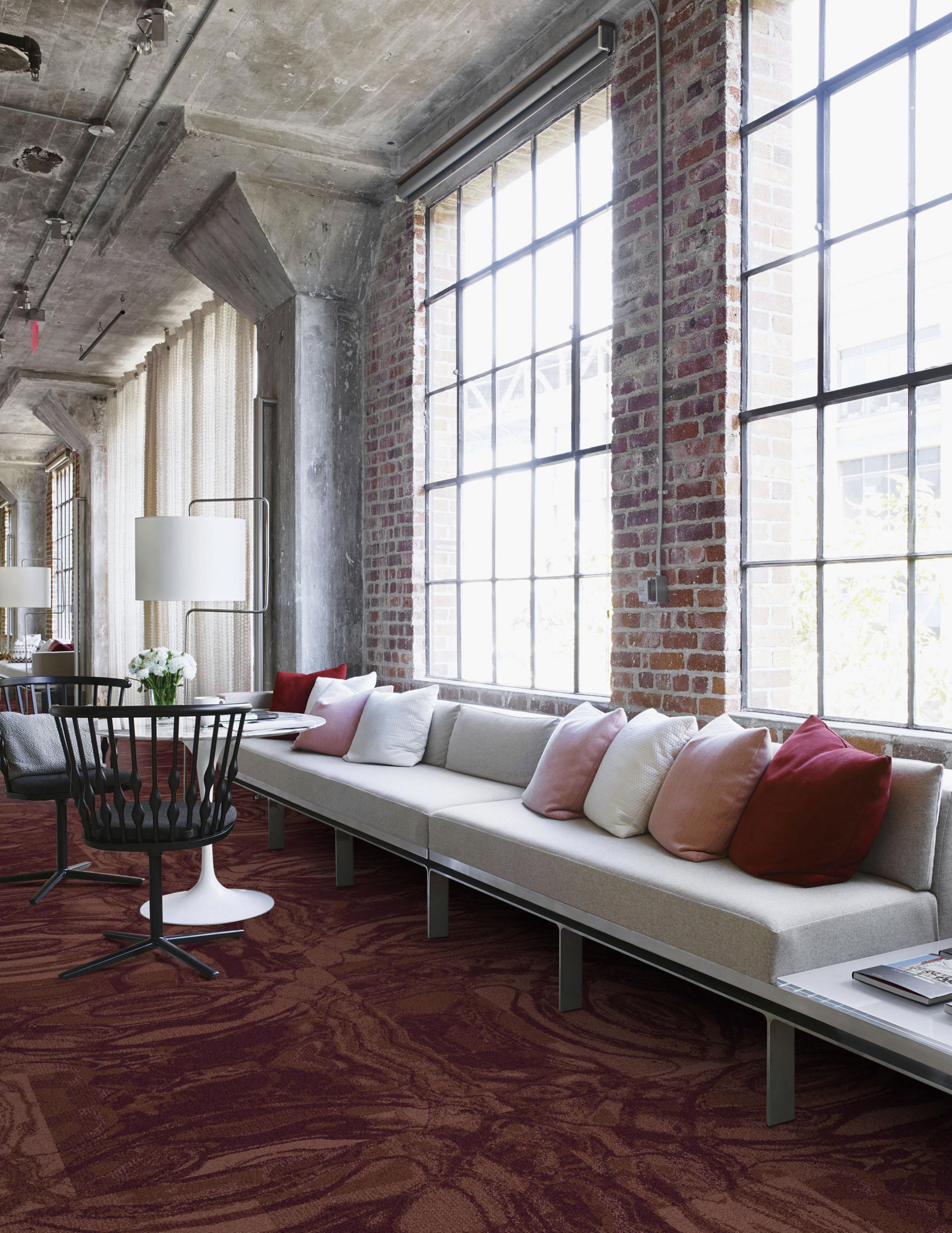 Interface Head Over Heels M1047 Carpet Tile in hotel lobby with exposed brick and floor to ceiling windows image number 8