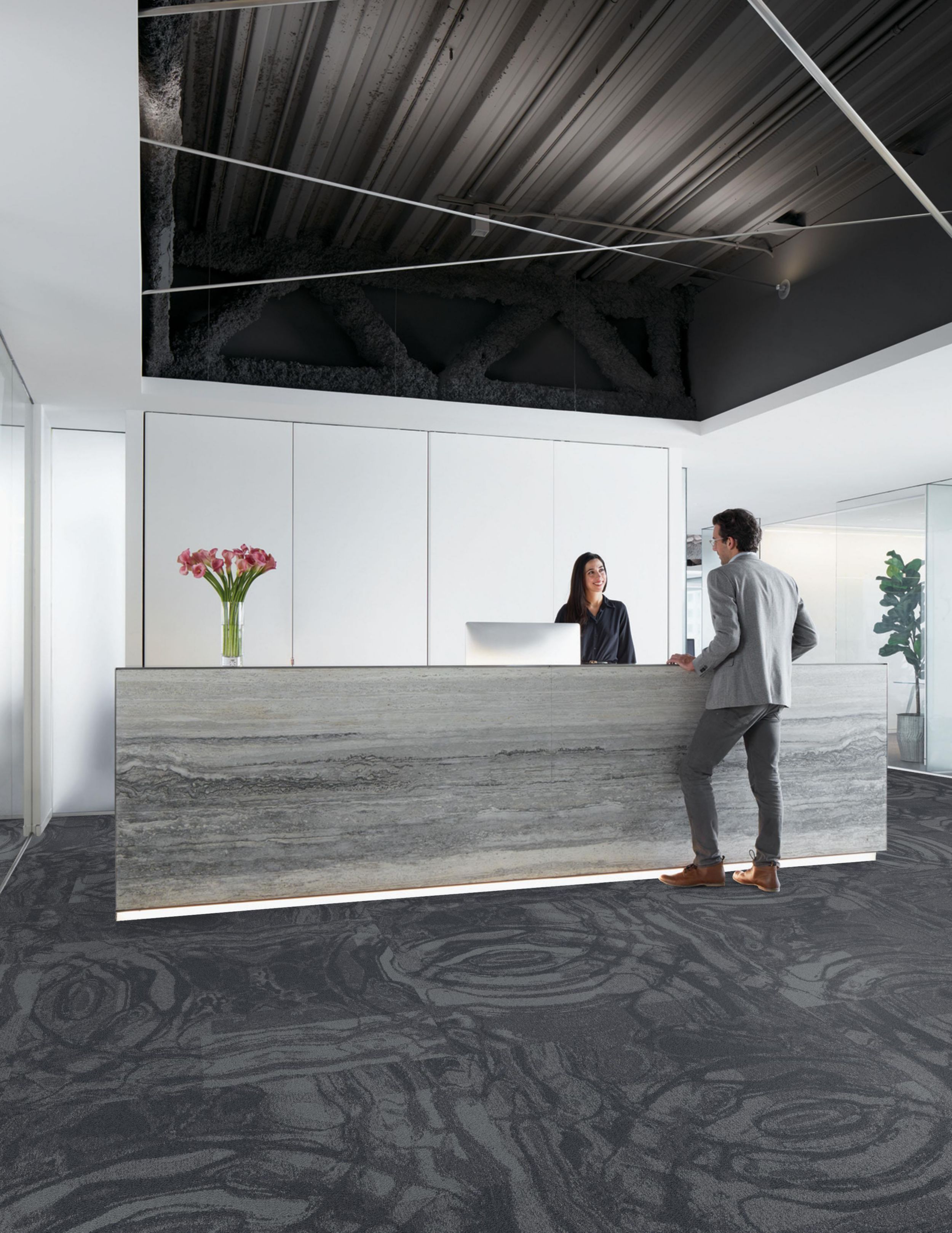 Interface Head Over Heels M1047 carpet tile in hotel reception area with man and woman talking image number 2