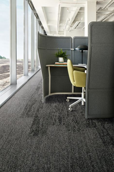 Interface Rock Springs and Mantle Rock plank carpet tile in small cubicle