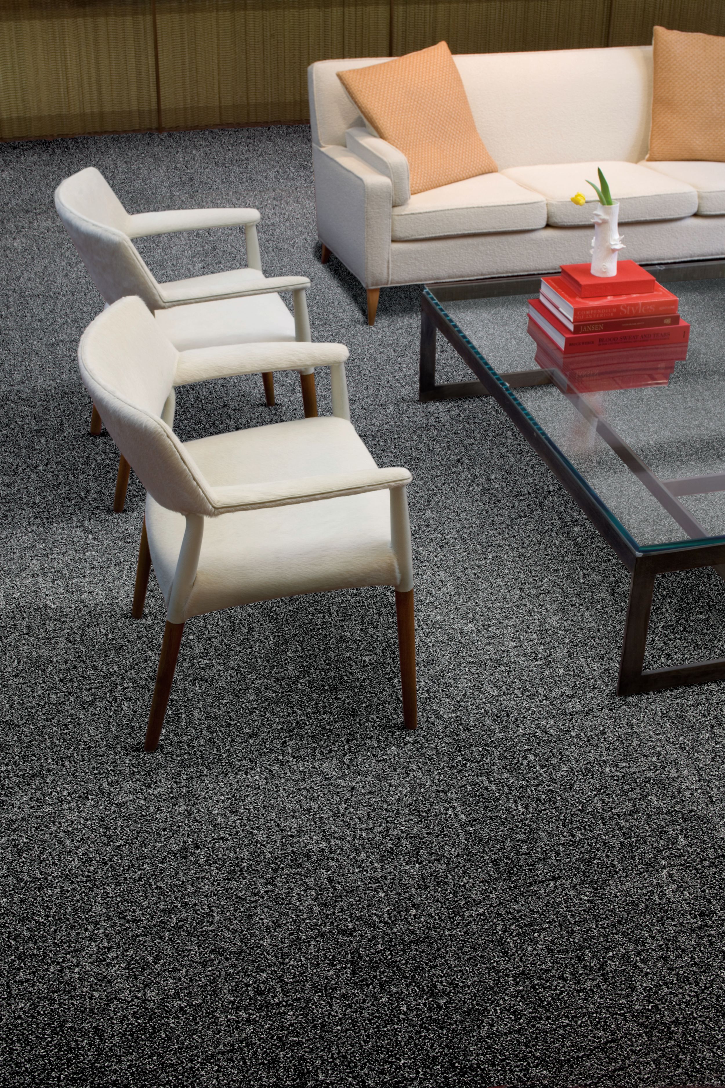 Interface Menagerie II carpet tile in seating area with white furniture and glass table imagen número 5