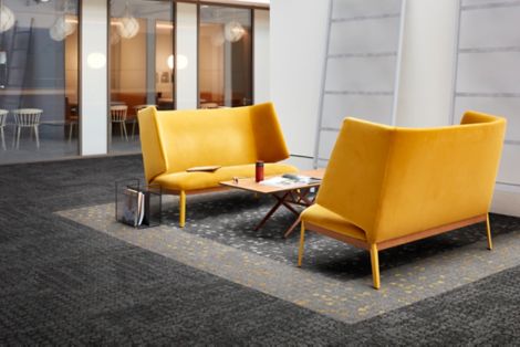 Interface Mercer Street and Broome Street carpet tile in seating area with two yellow couches numéro d’image 11