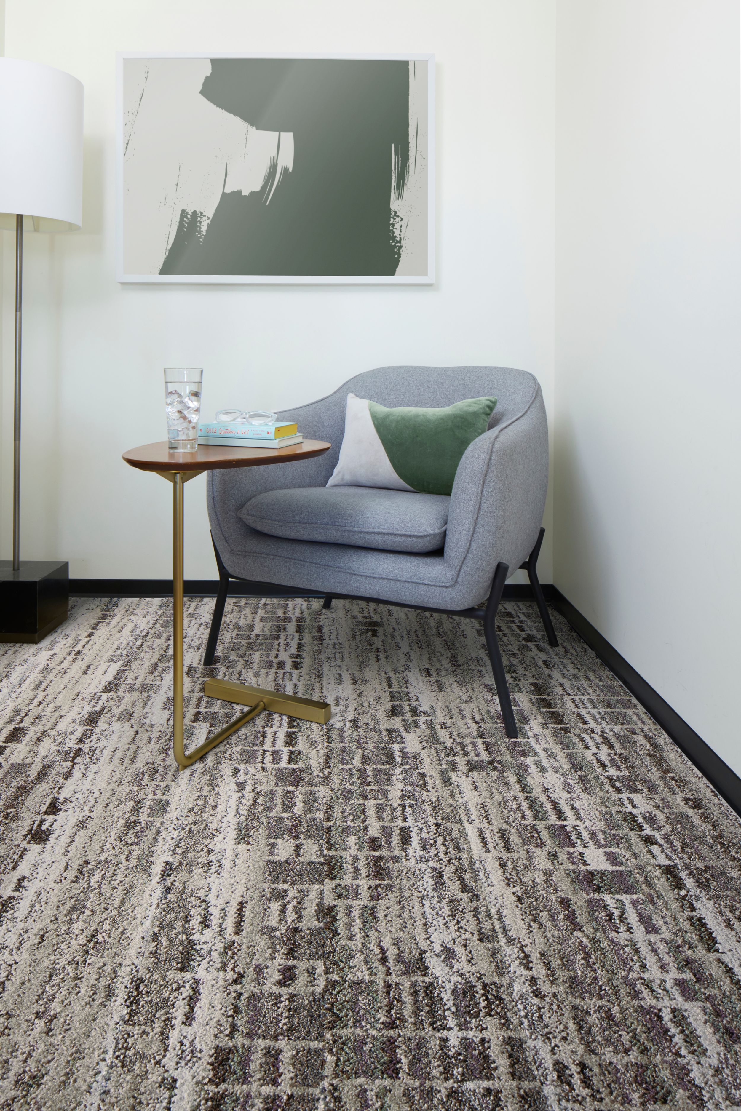 Interface Reflective Sky plank carpet tile in corner of office with small table and chair image number 4