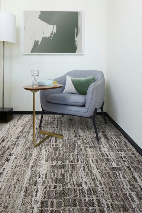Interface Reflective Sky plank carpet tile in corner of office with small table and chair image number 4