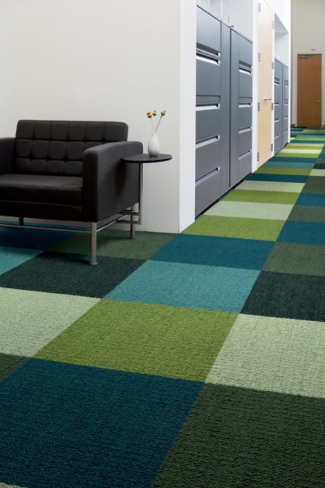 Interface Monochrome carpet tile in office corridor with black chair against wall image number 8