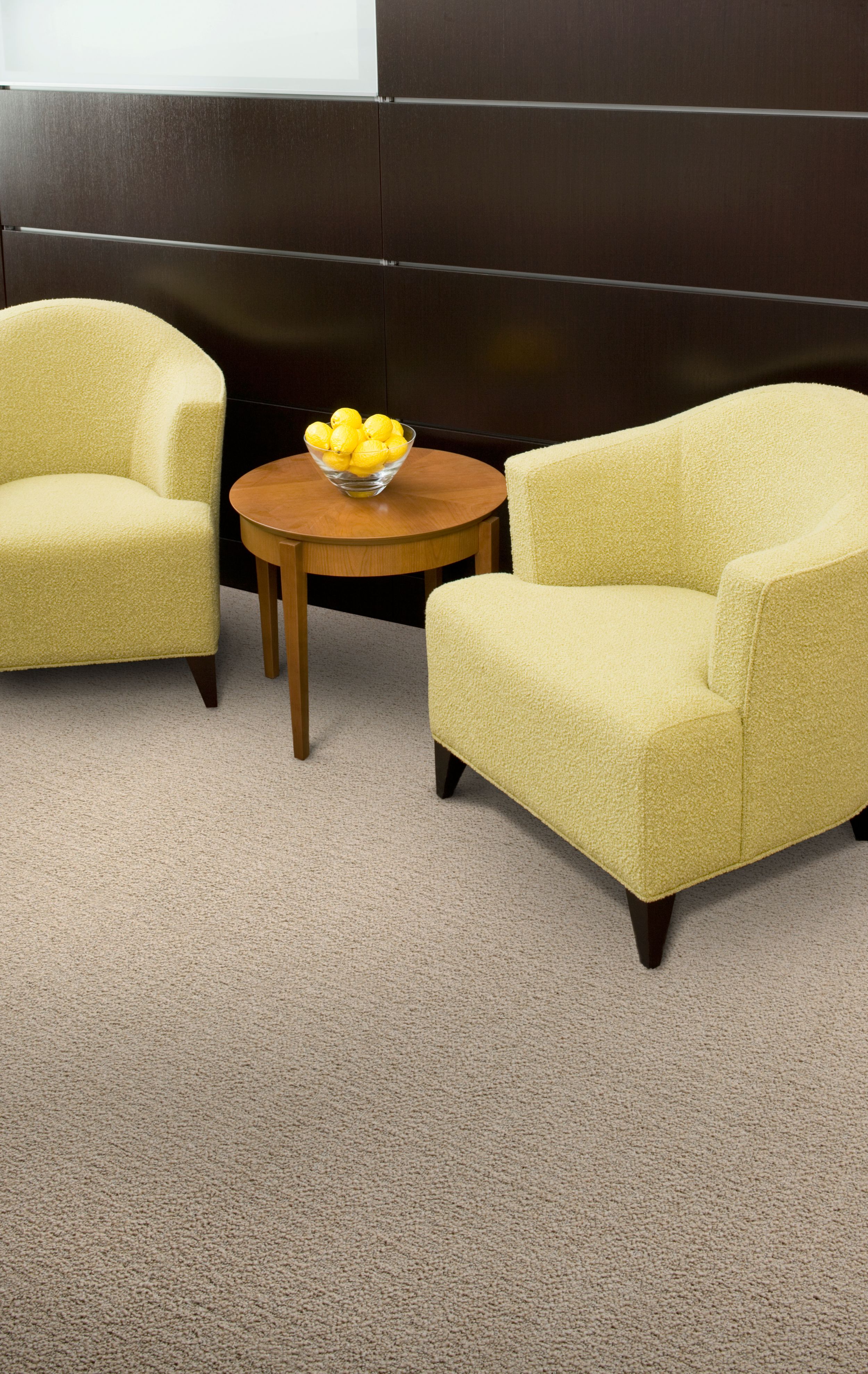 Interface Monochrome carpet tile with two yellow chairs, small wood table with bowl of lemons on it image number 4