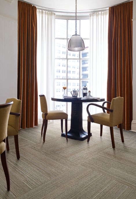 Interface NF400 plank carpet tile at small breakfast table in front of window image number 8