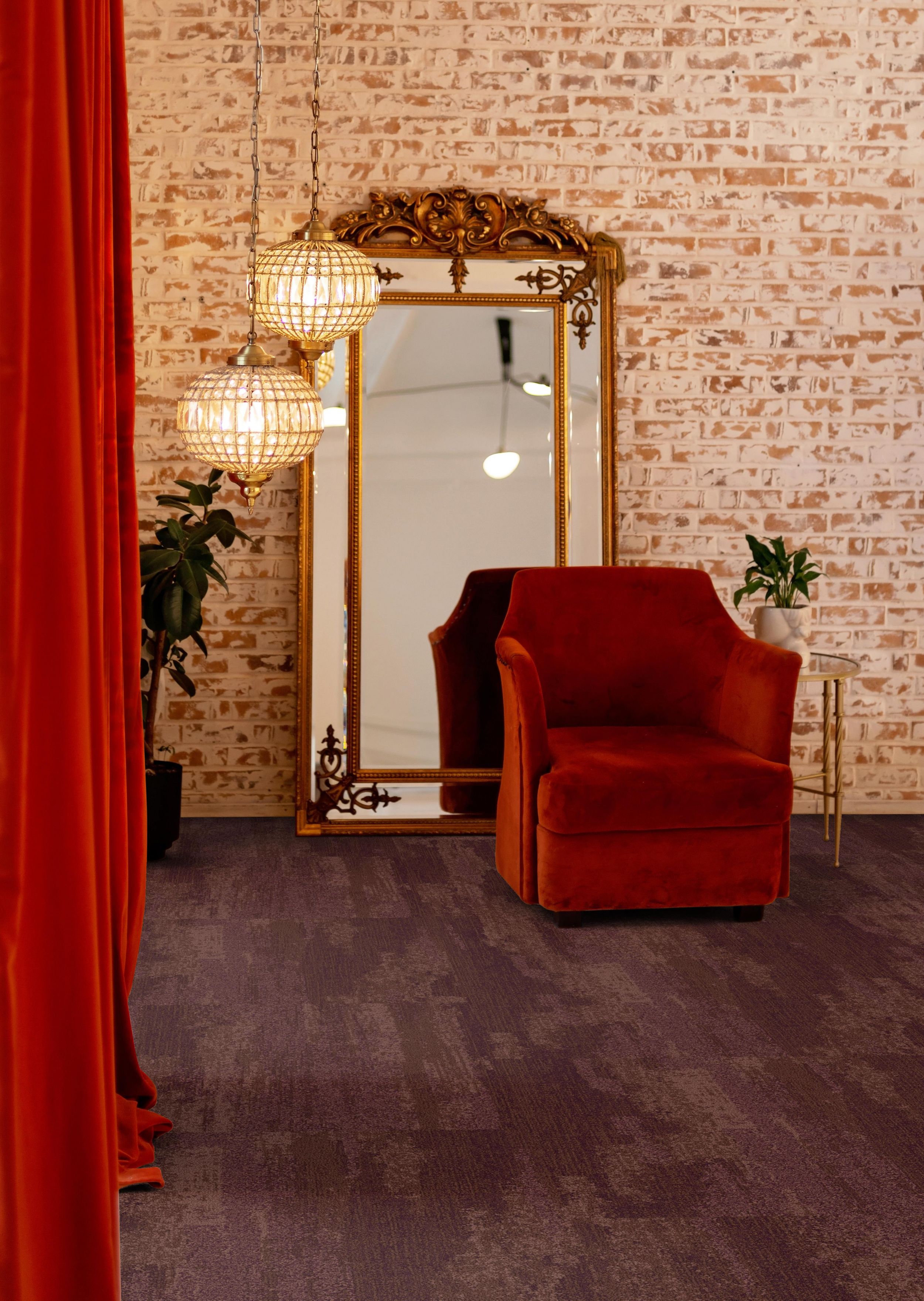 Interface NF401 carpet tile in hotel lobby with large mirror and exposed brick wall image number 2