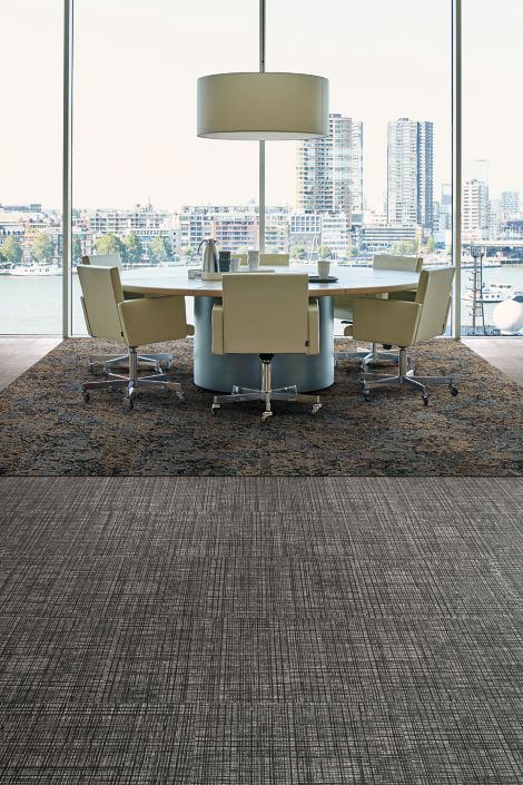Interface Native Fabric LVT and Raku carpet tile in conference room with large table 