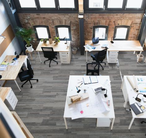 Interface Naturally Weathered plank carpet tile with overhead view of open office plan and workstations image number 2