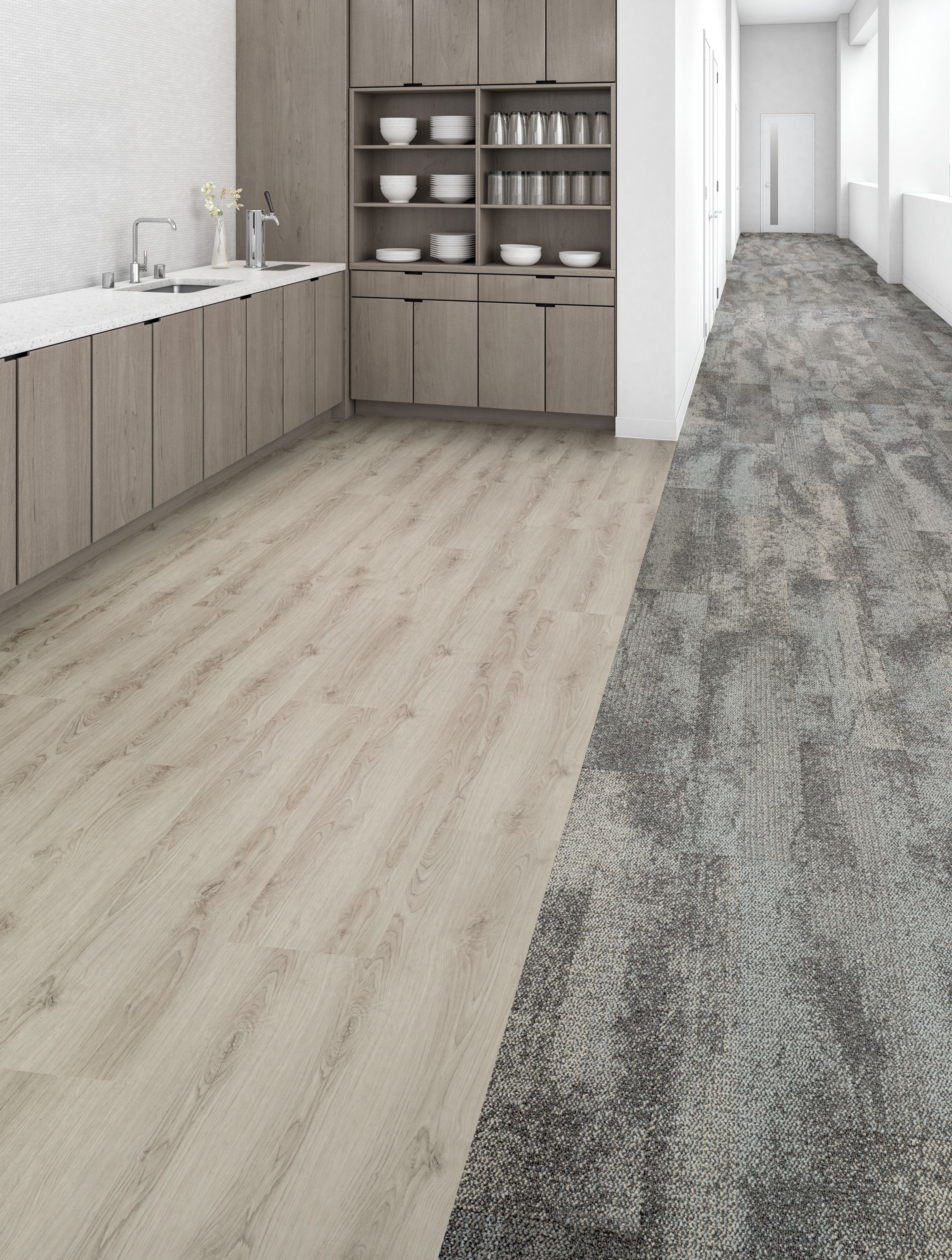 Interface Neighborhood Smooth and Natural Woodgrains LVT in kitchen area with sink image number 8