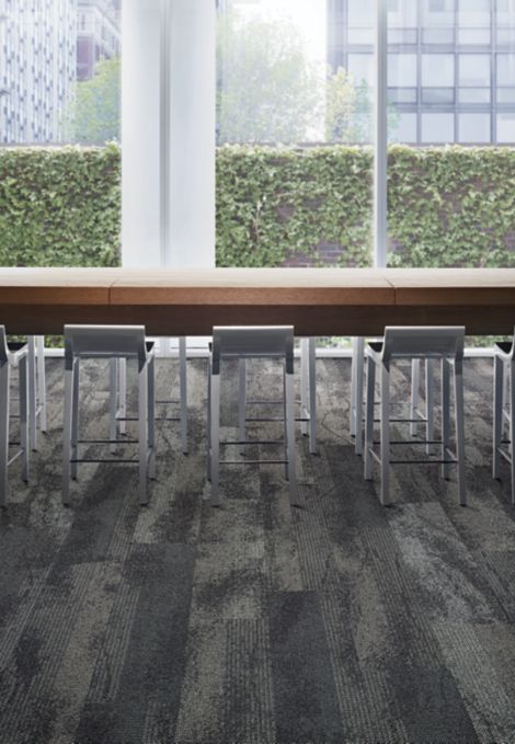 Interface Neighborhood Smooth plank carpet tile with hightop meeting table and glass windows showing ivy covered wall image number 3