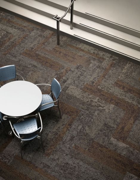 Interface Nimbus carpet tile plank with overhead view of table with chairs and small staircase image number 4