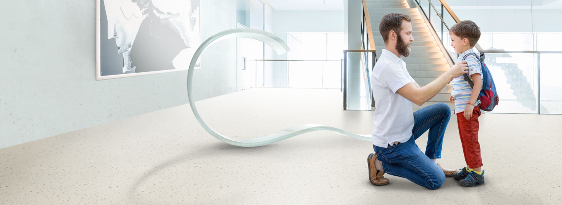 noracare uneo rubber flooring in corridor with man and child