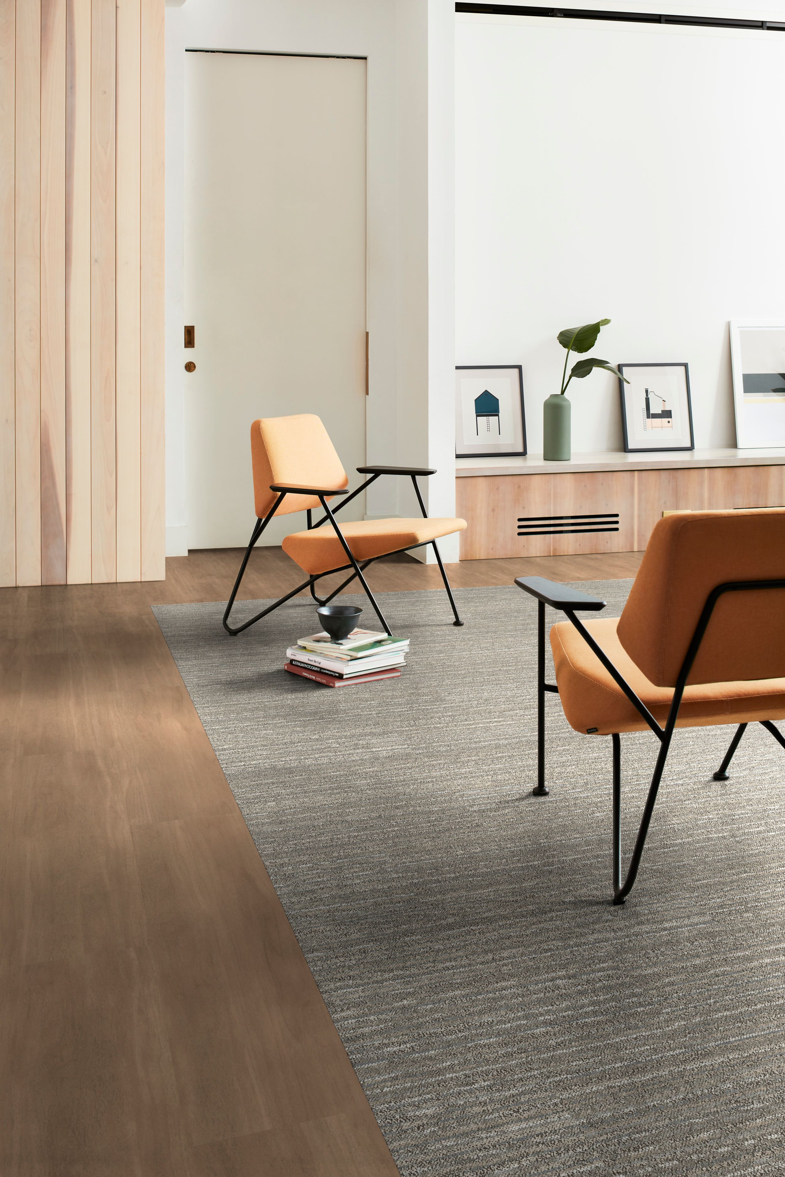 Interface On an Angle plank carpet tile with Natural Woodgrains plank LVT in workplace lounge image number 2
