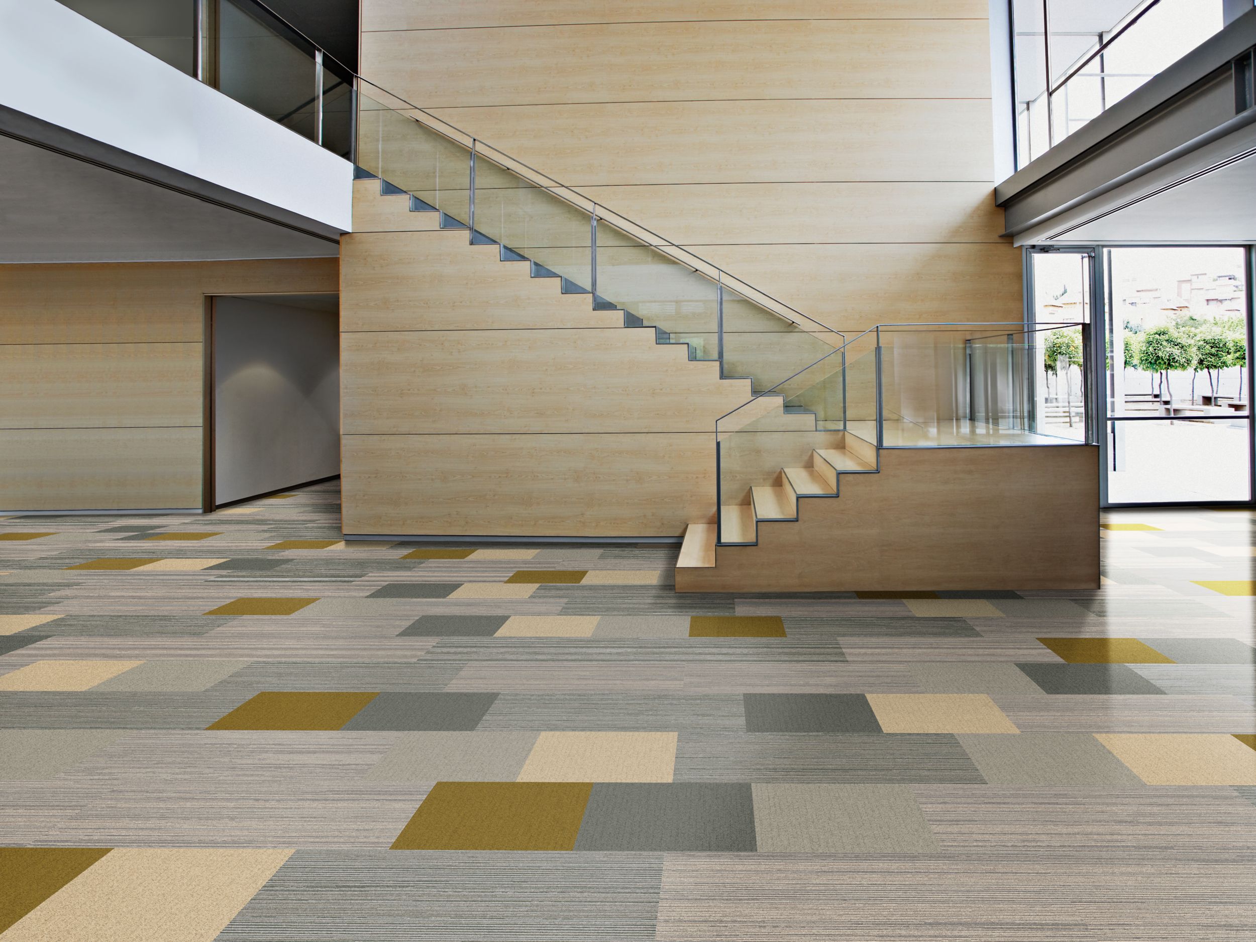 Interface On Board and Monochrome carpet tile in lobby area with staircase and wood tone walls imagen número 7