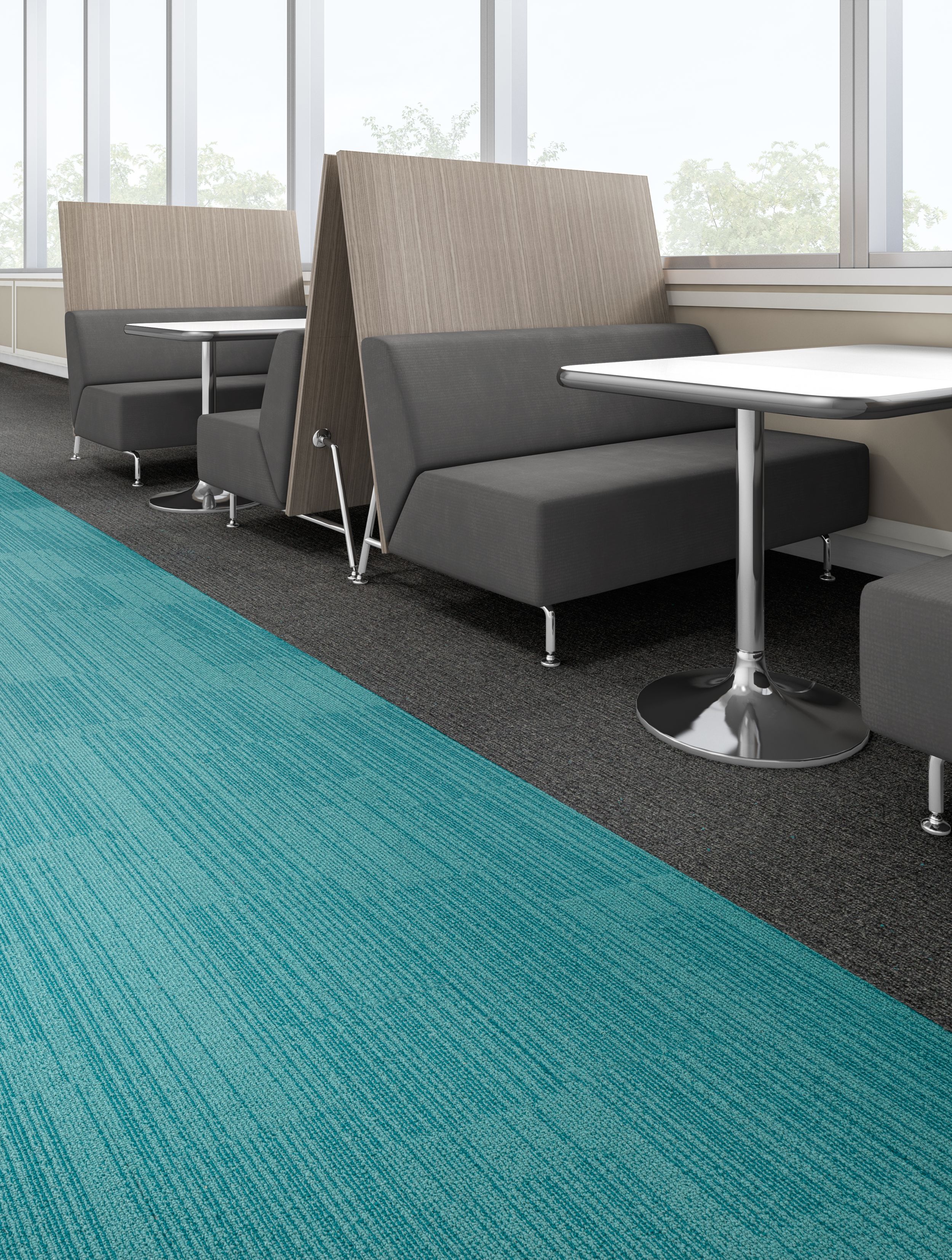 Interface On Line plank carpet tile in dining area with multiple grey booths image number 2