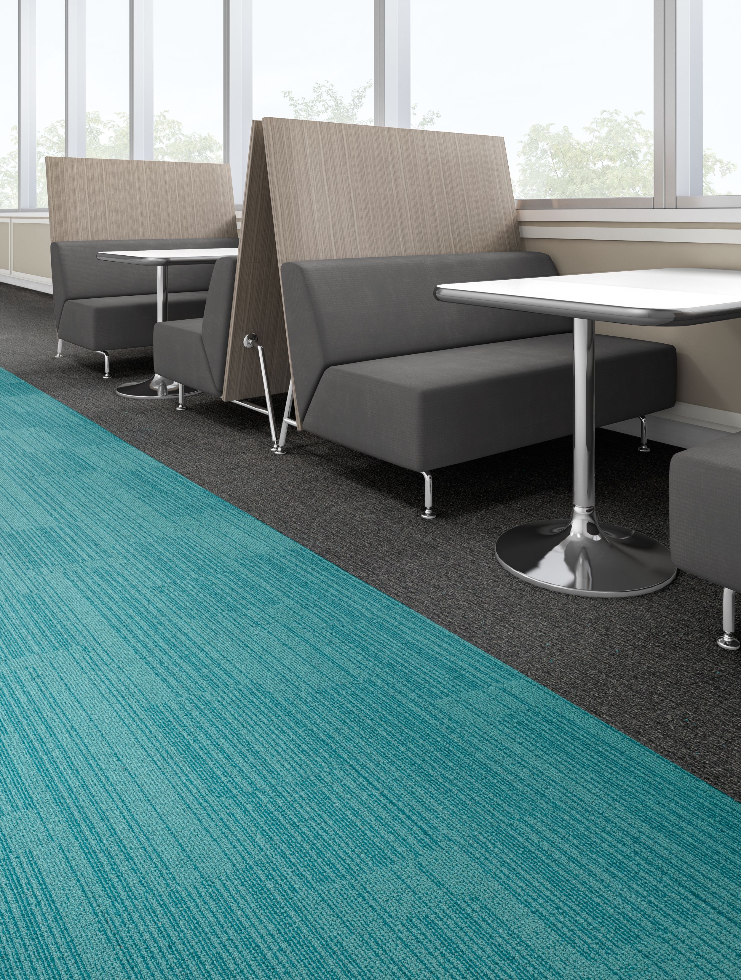 Interface On Line plank carpet tile in dining area with multiple grey booths image number 4