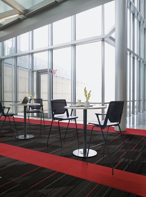 Interface Detours carpet tile and On Line plank carpet tile in seating area with glass windows image number 7