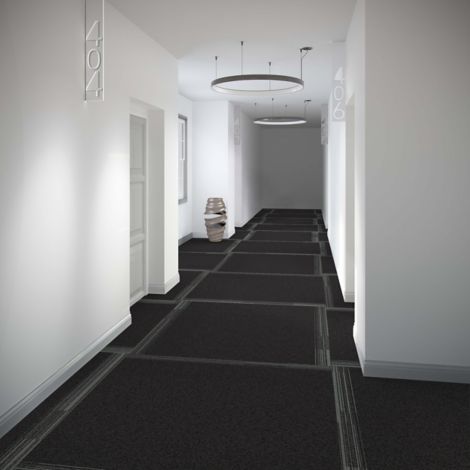 Interface Off Line plank carpet tile in meeting room 2 with grey brick building in window