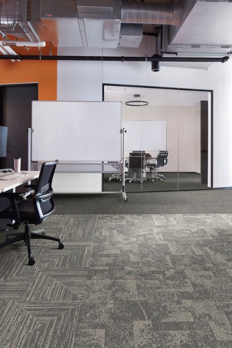Interface Open Air 401 plank carpet tile in office space with rolling whiteboard and meeting room in background image number 7