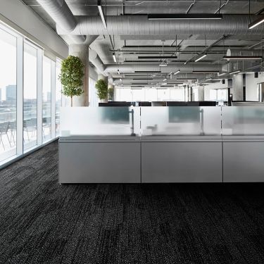 Interface Open Air 408 plank carpet tile in open workstations with frosted glass dividers image number 1