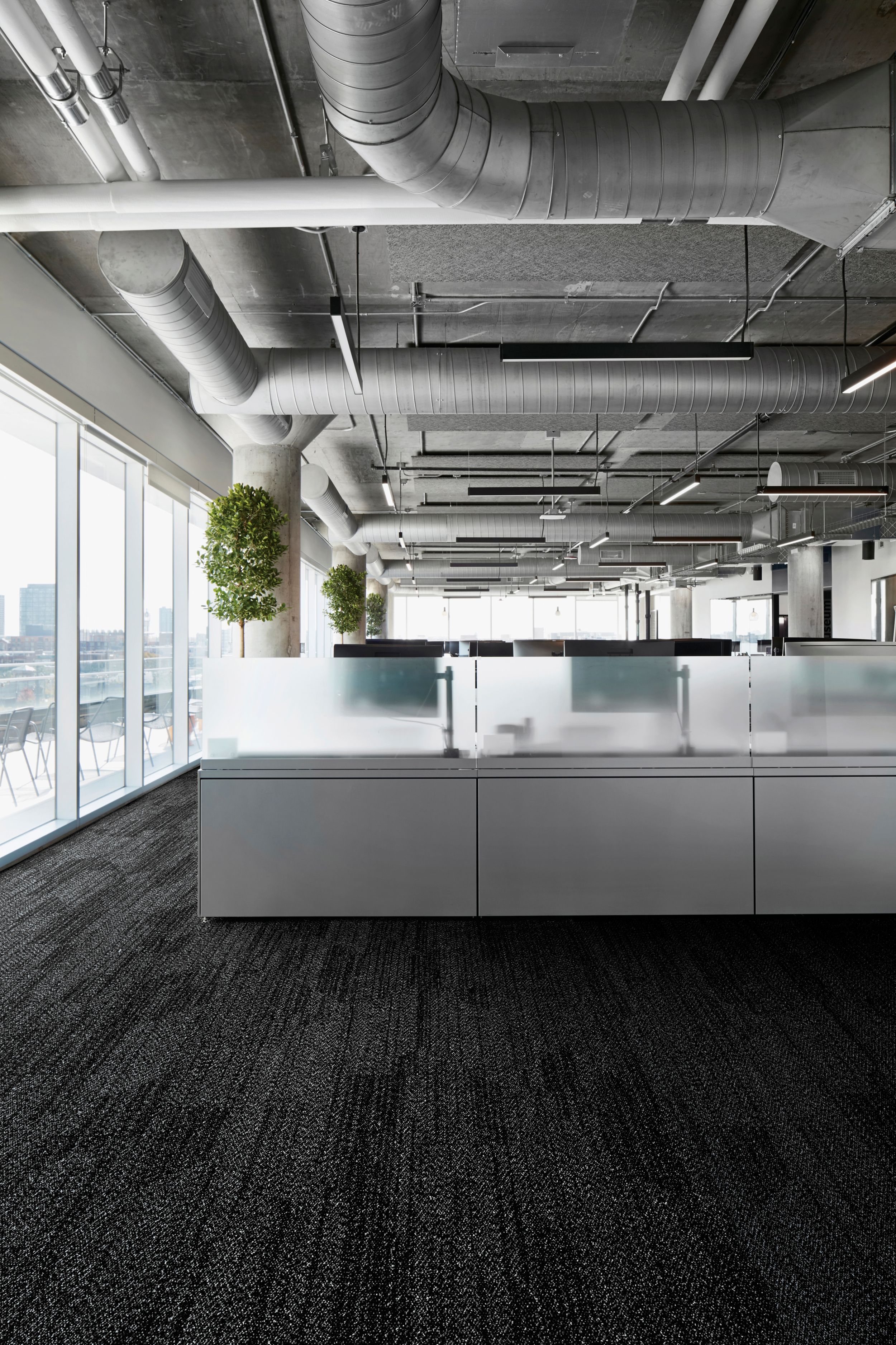 Interface Open Air 408 plank carpet tile in open workstations with frosted glass dividers image number 1