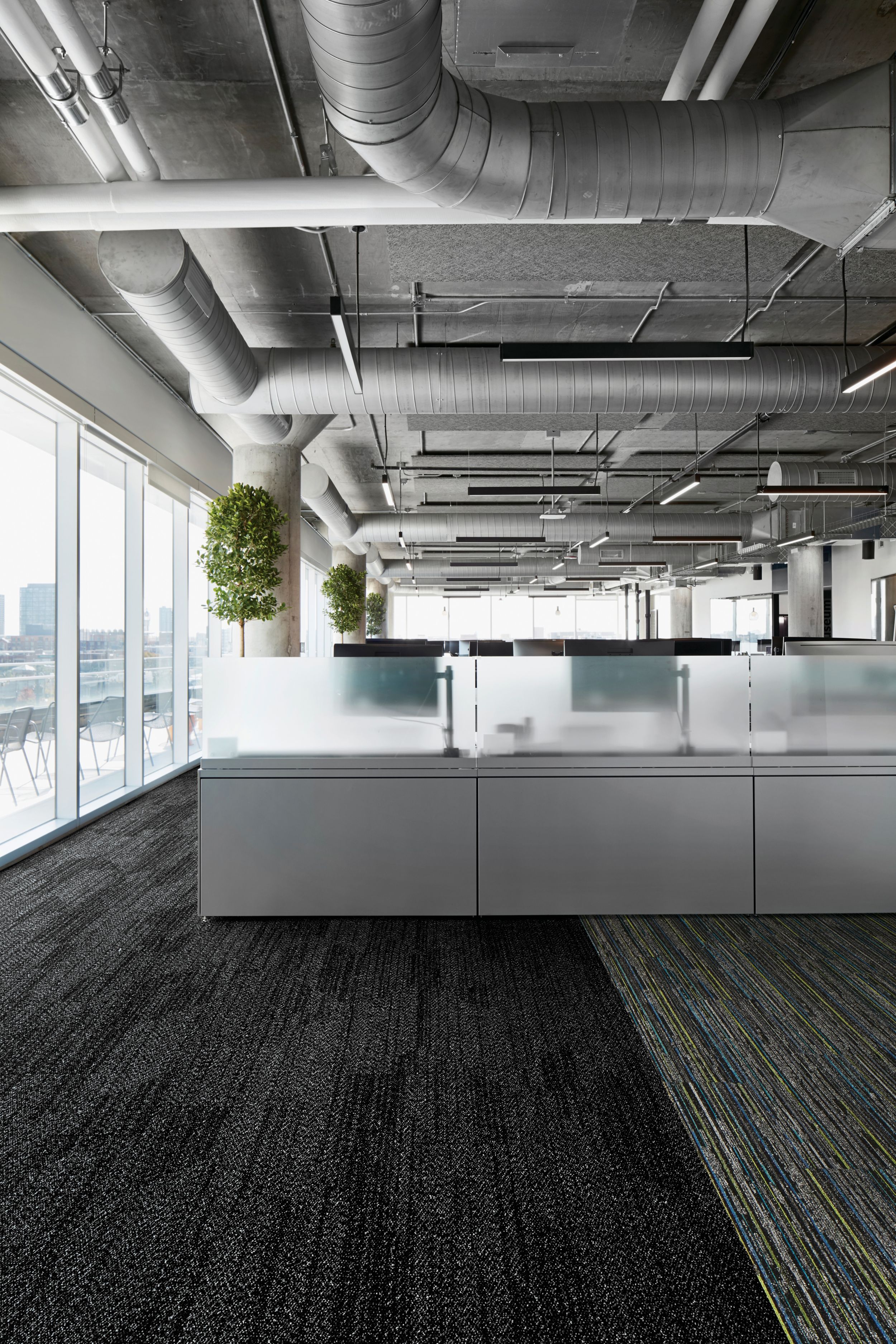 Interface Open Air 408 plank carpet tile in open workstations with frosted glass dividers image number 3
