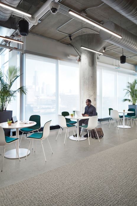 Interface Open Air 415 carpet tile in dining space with man working on laptop at white table imagen número 4
