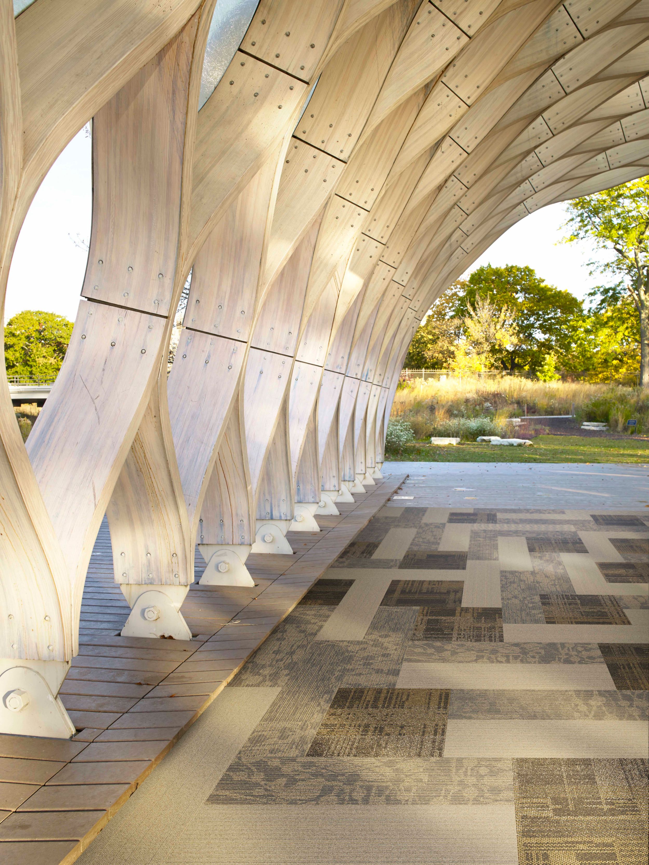 Interface PH211 and WE154 plank carpet tile with AE310 carpet tile in outside area under structure. numéro d’image 2