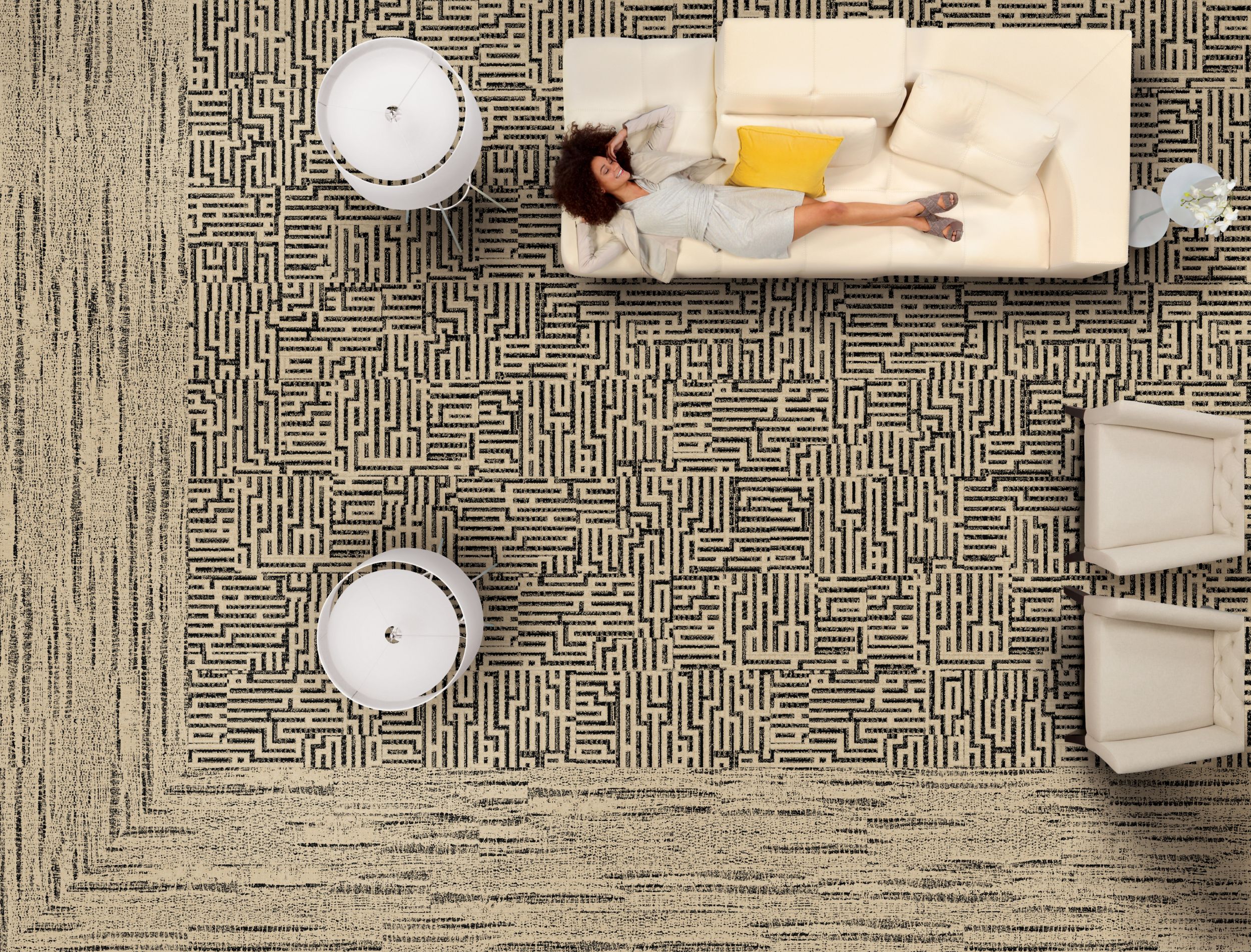 Interface PM29 and PM01 plank carpet tile in hotel lobby with woman lying on couch image number 6