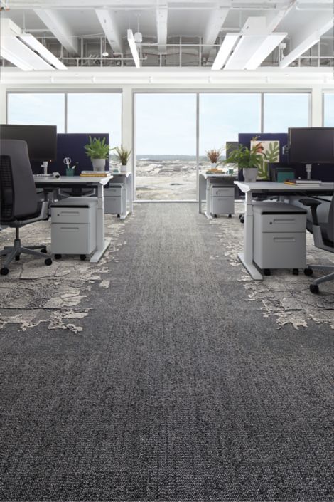 Interface Mantle Rock, Bridge Creek, and Mountain Rock plank carpet tile in open office area with multiple workstations image number 5