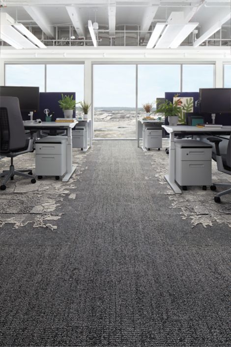 Interface Mantle Rock, Bridge Creek, and Mountain Rock plank carpet tile in open office area with multiple workstations image number 5