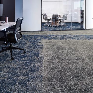 Interface Open Air 404 carpet tile with meeting room in background with glass wall