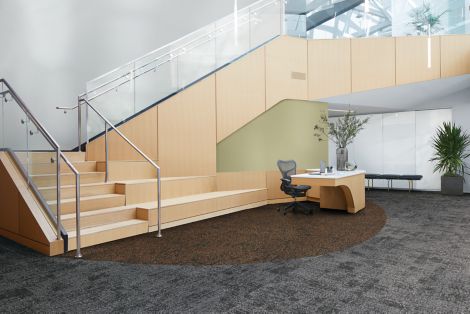 Interface Perfect Pair and Peas in a Pod carpet tile in lobby with reception desk and stairs