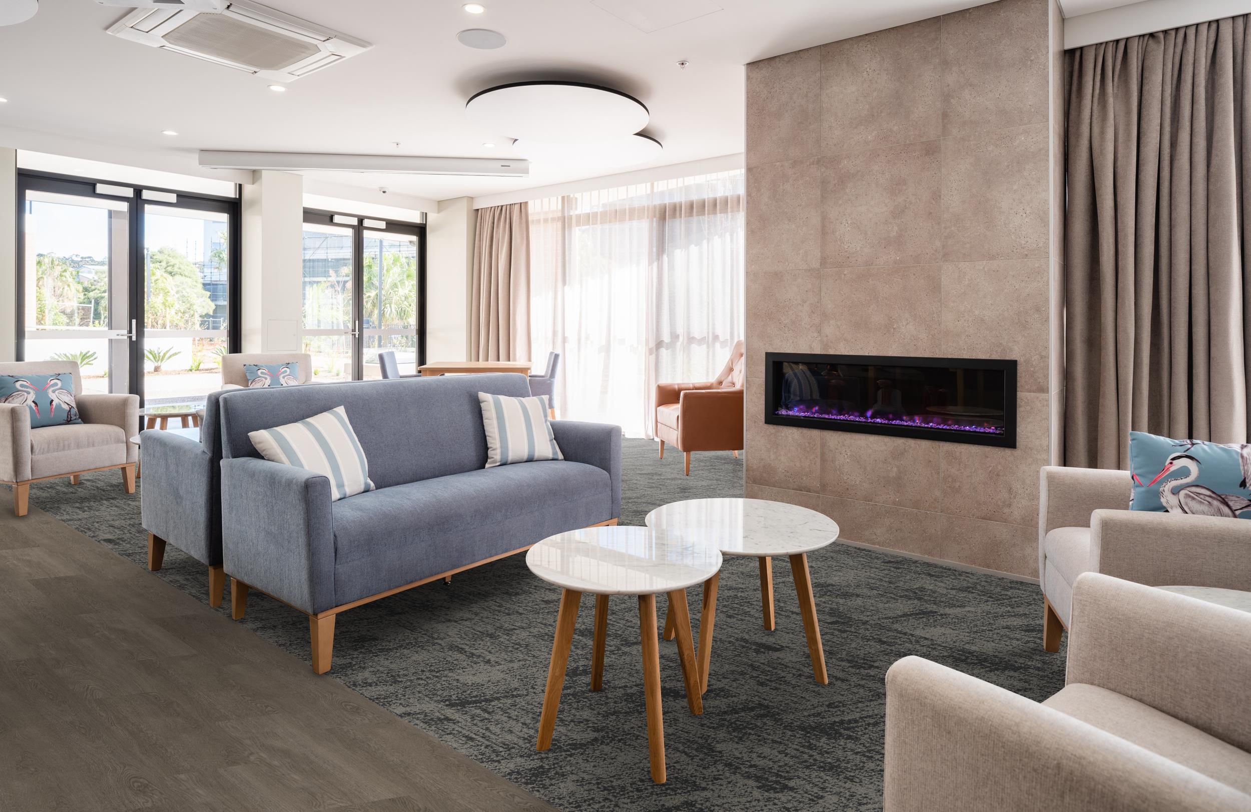 Interface Perfect Pair carpet tile with Northern Grain plank LVT in senior living lounge image number 2