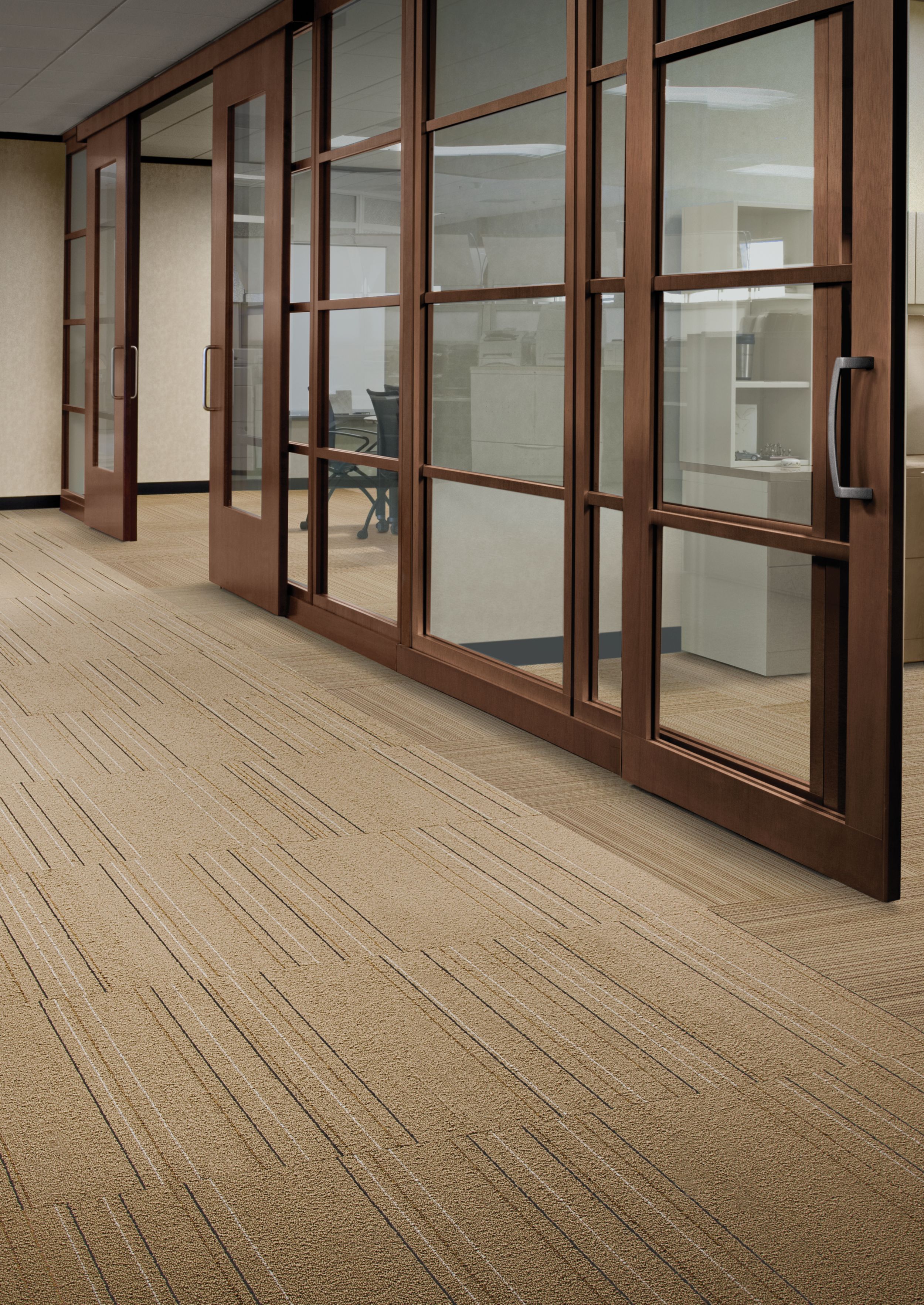 Interface Micro Line and Pin Line carpet tile in office corridor with wooden and glass sliding doors  image number 1