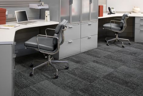 Interface Plain Weave carpet tile in office area with grey desks and chairs