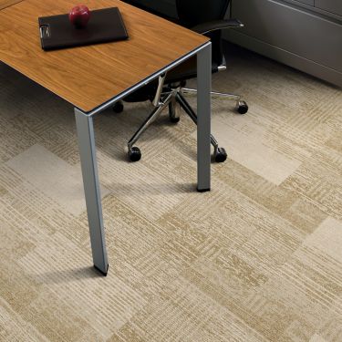 Interface Plain Weave carpet tile in small work area with desk, chair, and cabinets image number 1