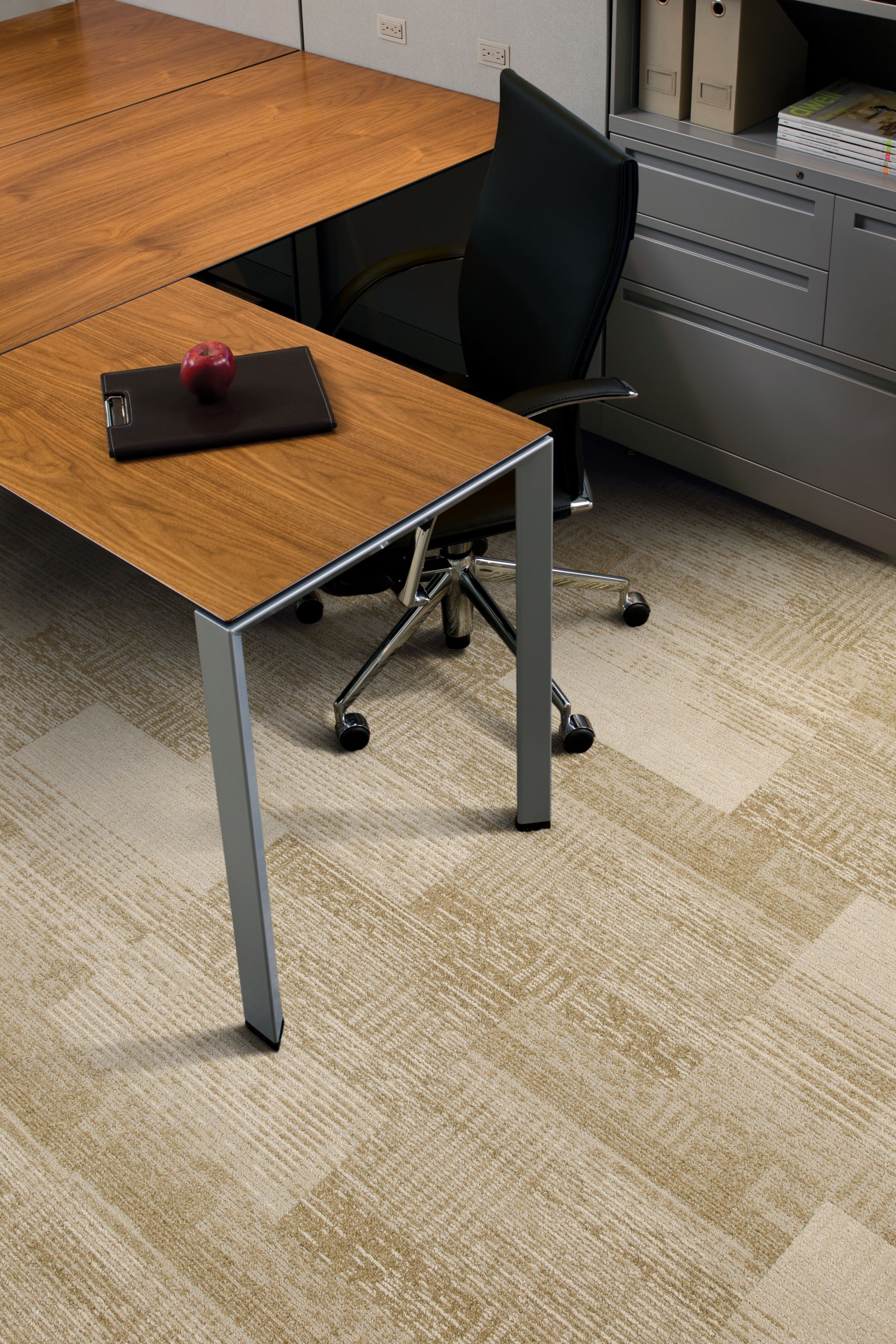 Interface Plain Weave carpet tile in small work area with desk, chair, and cabinets image number 1