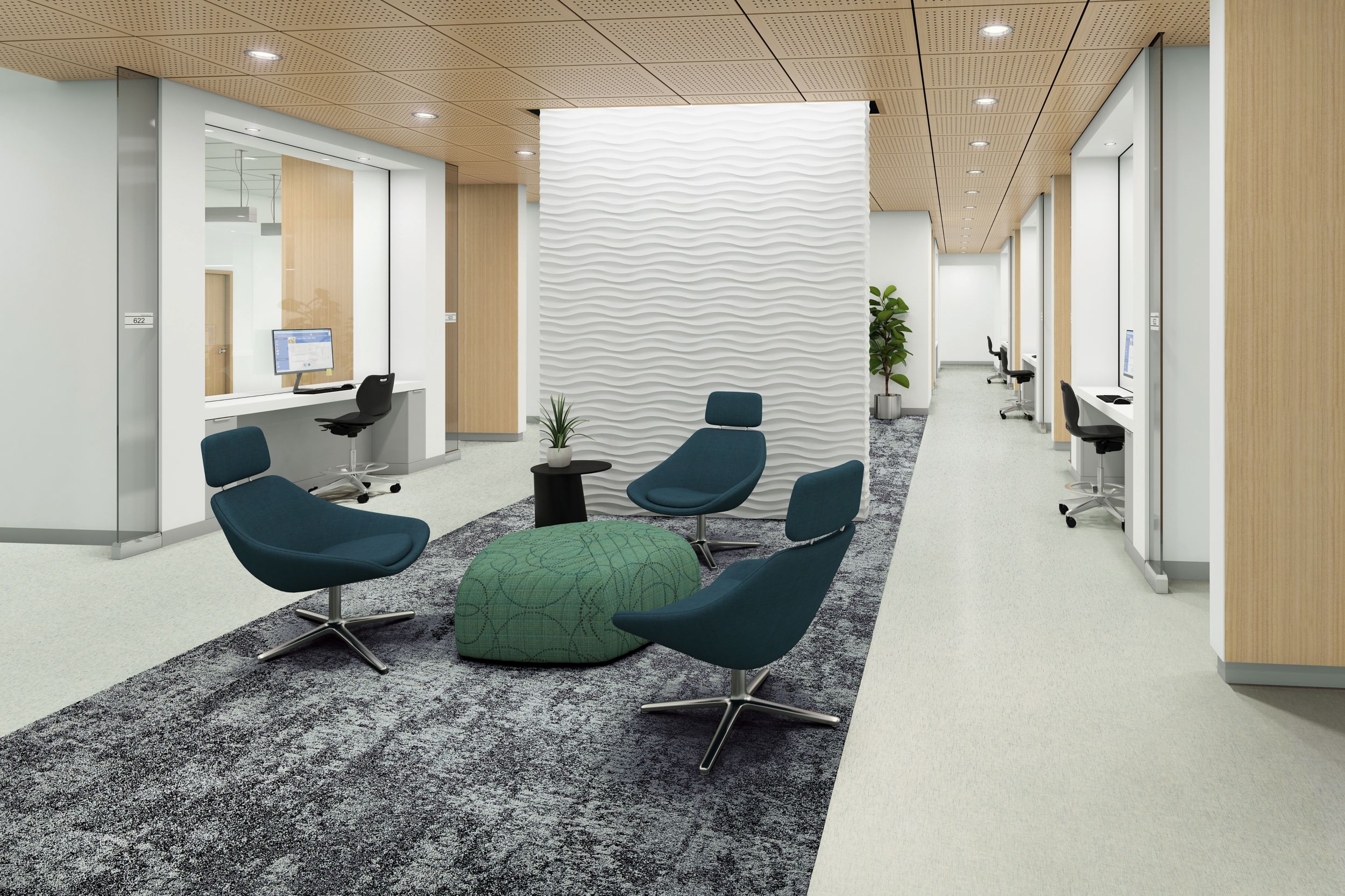 Interface Plant-astic LVT and Just Deserts plank carpet tile in waiting area with plants and dividing wall numéro d’image 7